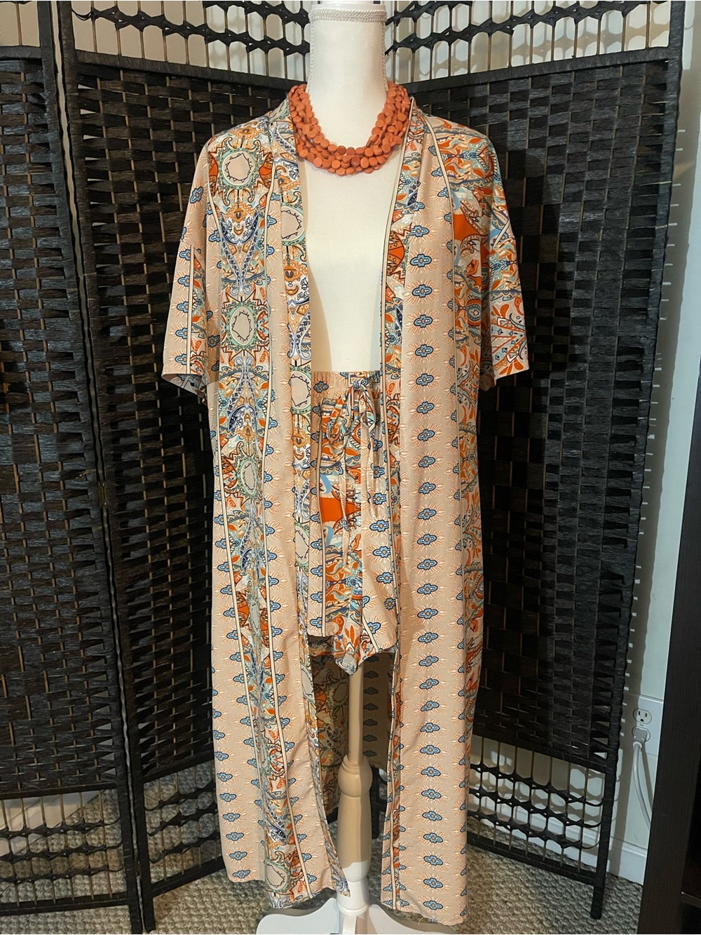 SHEIN Peach & Orange Printed Duster Kimono Set